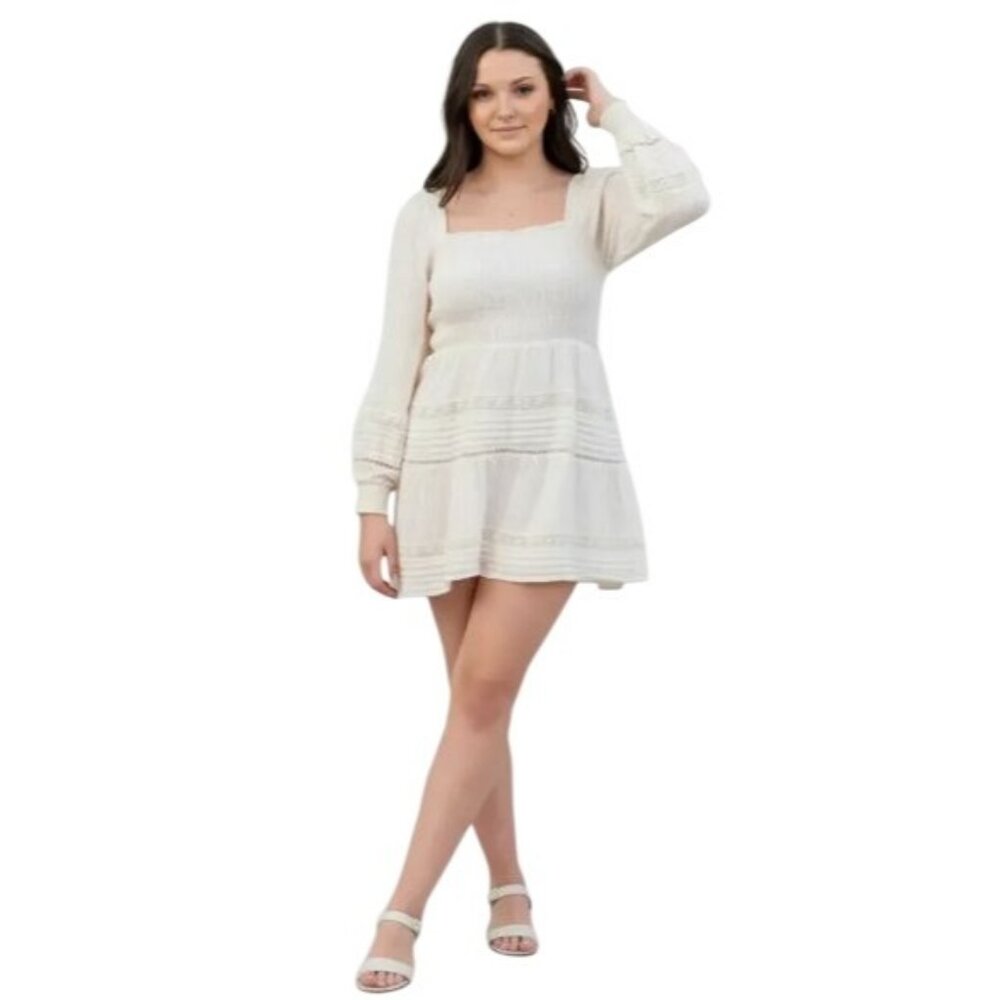 American Eagle Beige Boho Smocked Long Sleeve Mini Dress Women's Size Large